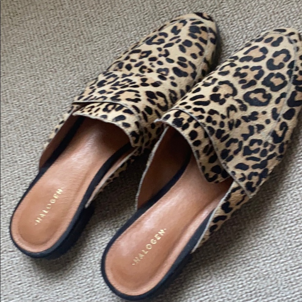 Halogen leopard print calf-hair mules. Womens 10M.